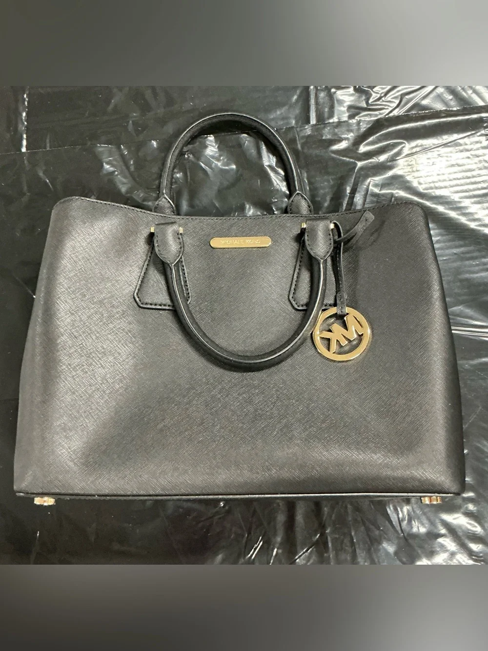 Michael Kors Black Leather Satchel with Gold MK Charm L69-1005